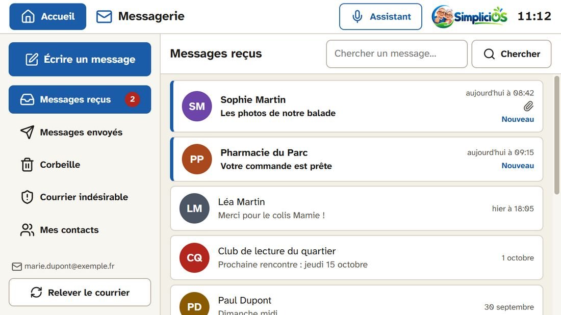 La messagerie : les nouveaux messages en gras, « Écrire un message » en grand.