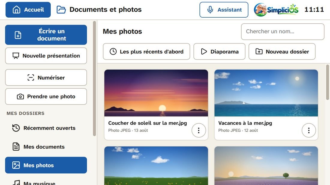 Les photos en grandes vignettes, avec « Diaporama » pour les faire défiler.