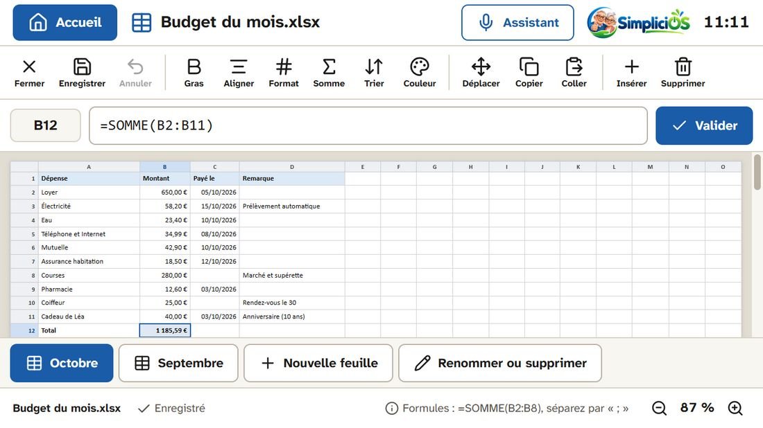 Le budget du mois dans le tableur simple, avec les formules à la française.