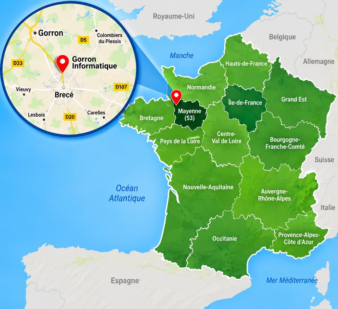 Carte de France des points de vente SimpliciOS : Gorron Informatique, à Brecé près de Gorron, en Mayenne (53).